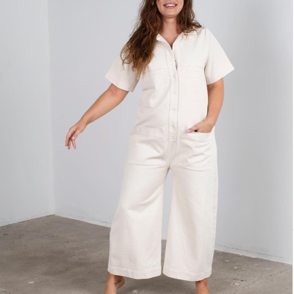 Ilana Kohn Cream Short-Sleeve Wide-Leg Jumpsuit